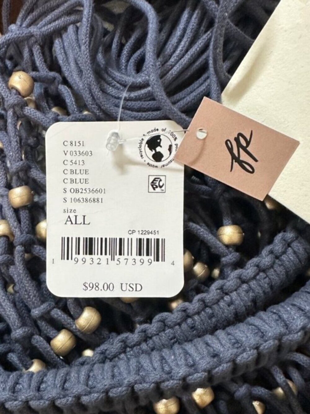 FREE PEOPLE Wishing Well Beaded Macrame Net Tote Bag Navy Blue NWT - Picture 5 of 5